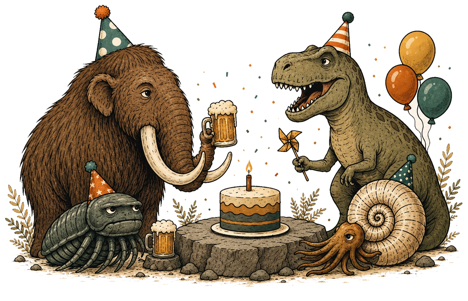 Prehistoric creatures celebrating a birthday in deep time.