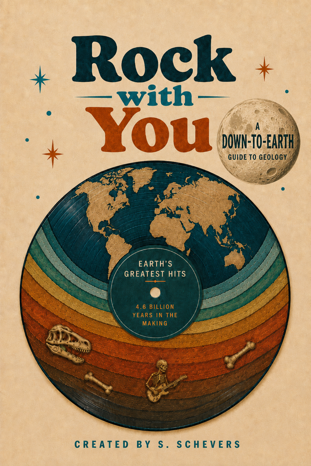Cover of Rock With You, created by Sven Schevers, featuring a stylized Earth record cross-section design with fossil details.