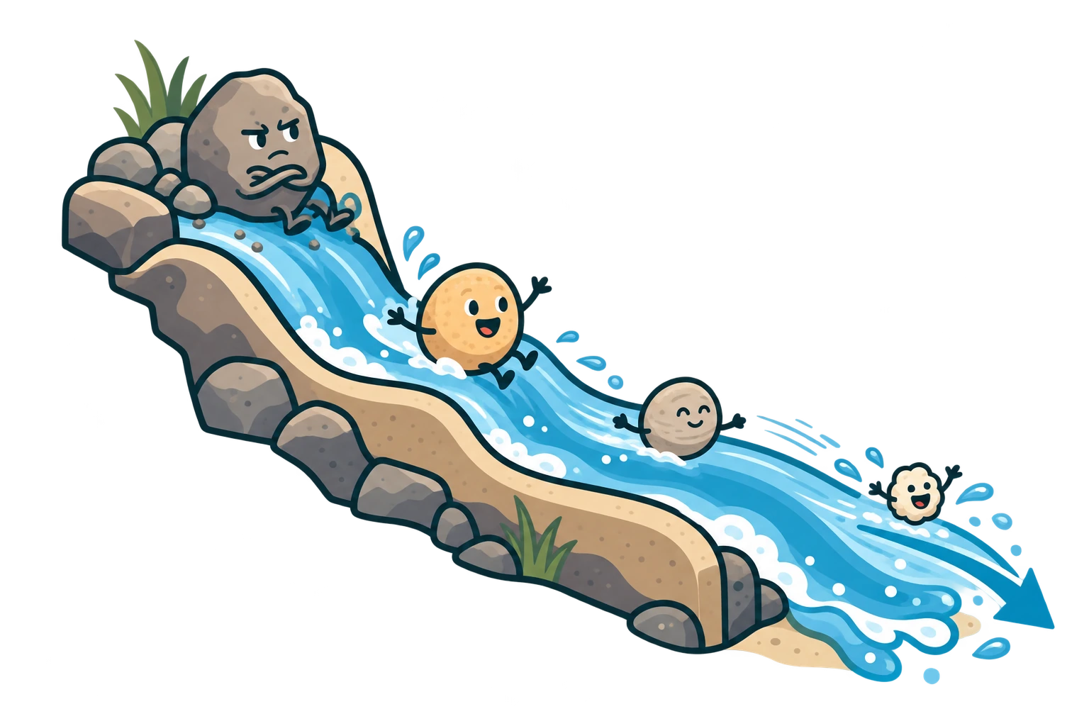 Cartoon sediment grains racing downstream, with larger gravel stopping sooner and finer grains travelling farther.